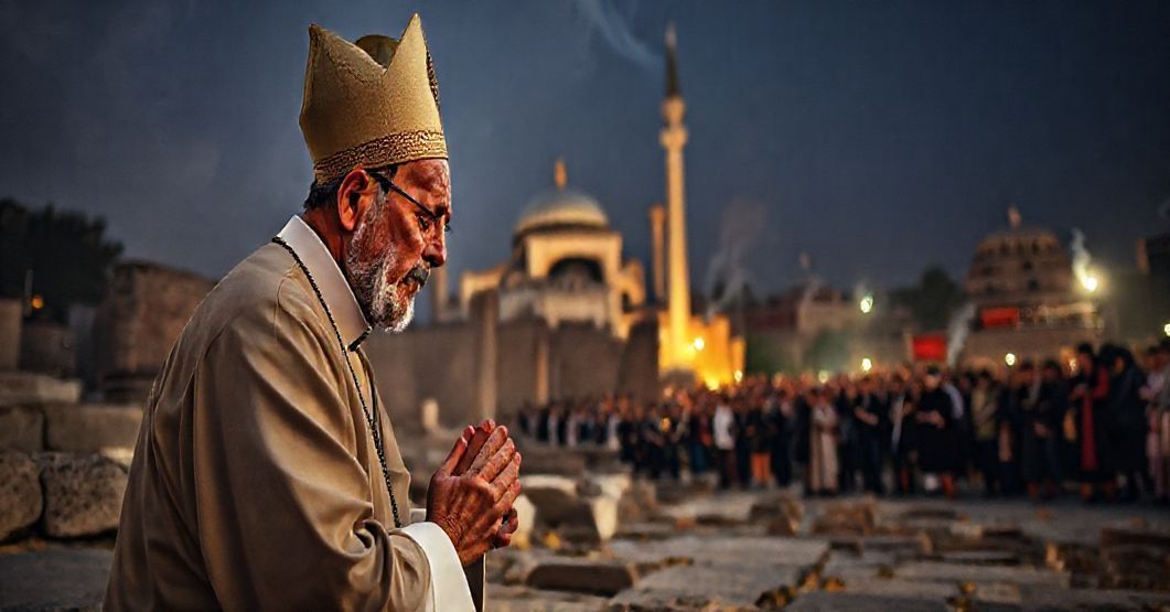 Kneeling Catholic priest in prayer before the ruins of Hagia Sophia, symbolizing faithfulness to tradition amidst modern ecumenical syncretism.
