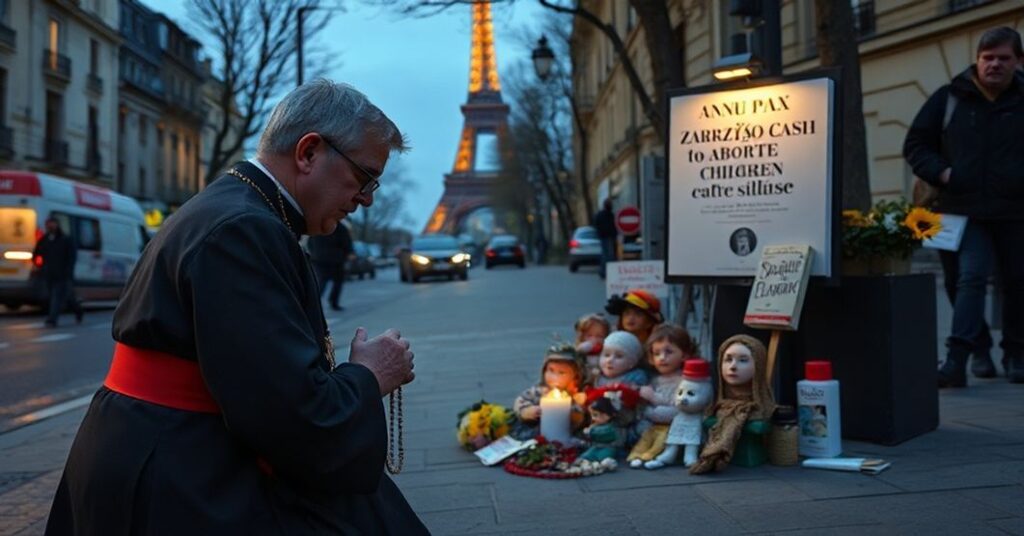 Kneeling priest in front of an abortion monument in Paris.