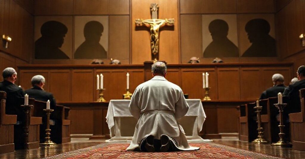 Kneeling priest before an altar with crucifix and candles, symbolizing resistance to apostasy in Illinois.