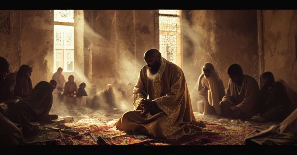 Kneeling priest in traditional vestments amidst ruins of a church in Nigeria, surrounded by grieving families, symbolizing Catholic martyrdom and struggle against Islamist violence.