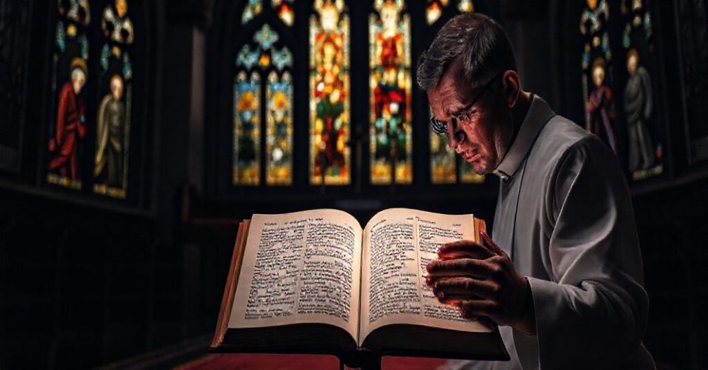 Kneeling priest in traditional cassock praying before an open Bible in a dark Gothic chapel, reflecting on the dangers of modernist heresies.