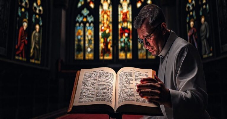 Kneeling priest in traditional cassock praying before an open Bible in a dark Gothic chapel, reflecting on the dangers of modernist heresies.