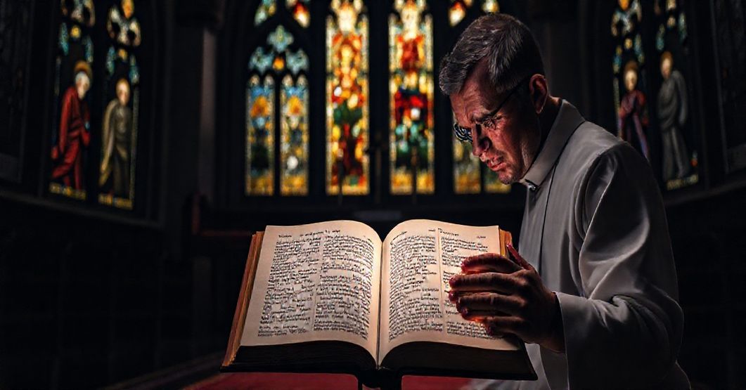 Kneeling priest in traditional cassock praying before an open Bible in a dark Gothic chapel, reflecting on the dangers of modernist heresies.