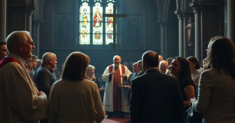 Zdjęcie przedstawiające kontrowersyjne wydarzenie w Knock w Irlandii, z udziałem biskupa Johna Keenana i innych osób promujących synkretyzm religijny. Scena ukazuje grupę wiernych praktykujących rzekome "Pierwsze Soboty", co jest krytykowane przez tradycyjnych katolików.