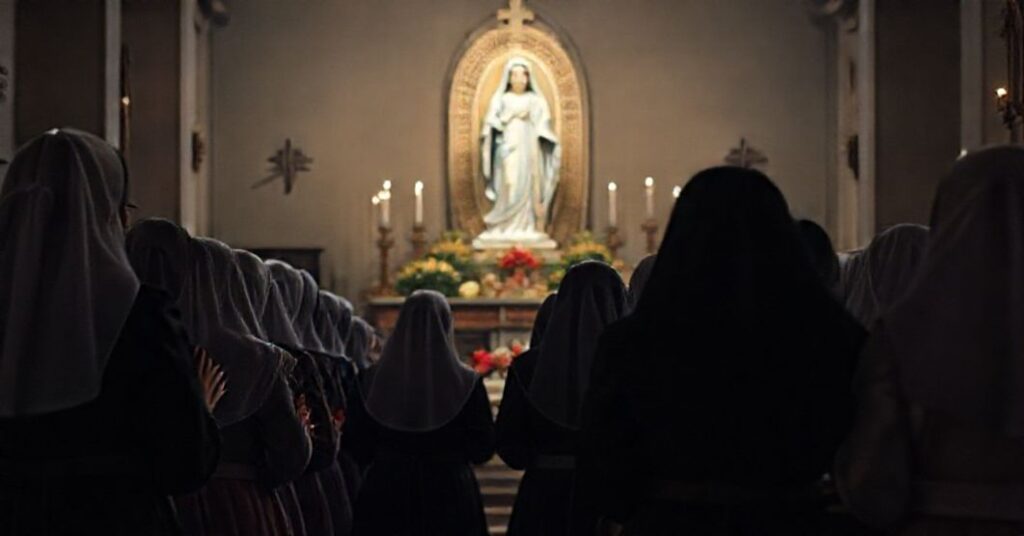 Grupa kobiet w tradycyjnych strojach katolickich modli się przed rzeźbą Matki Boskiej w ciemnej kościelnej nawie.