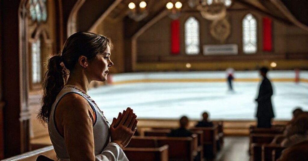Obraz przedstawiający kwestię kobiecego sportu w Albercie z perspektywy katolickiej, z premier Danielle Smith i Pierre Poilievre.