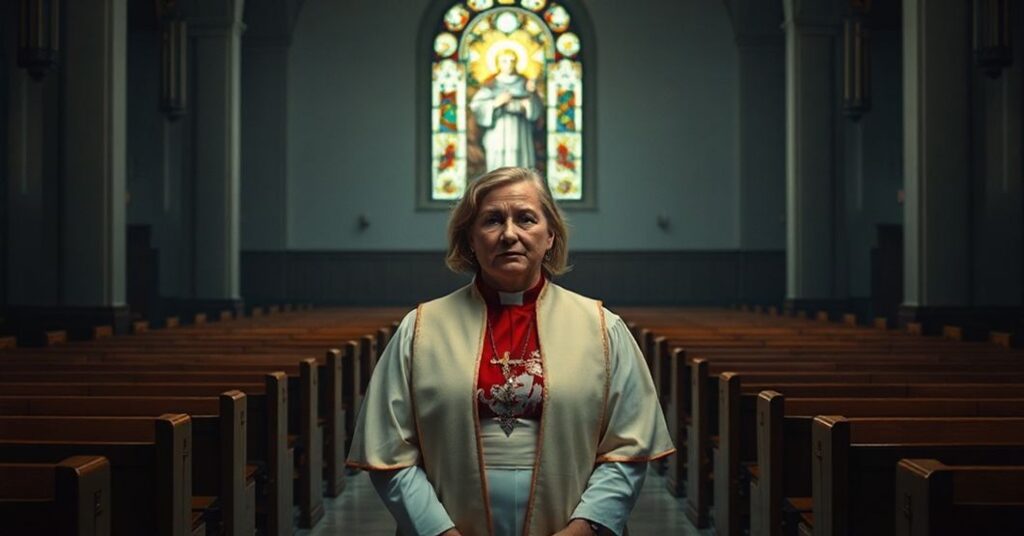 Człowiek w niegodziwych szatach biskupich stojący w nowoczesnym kościele anglikańskim