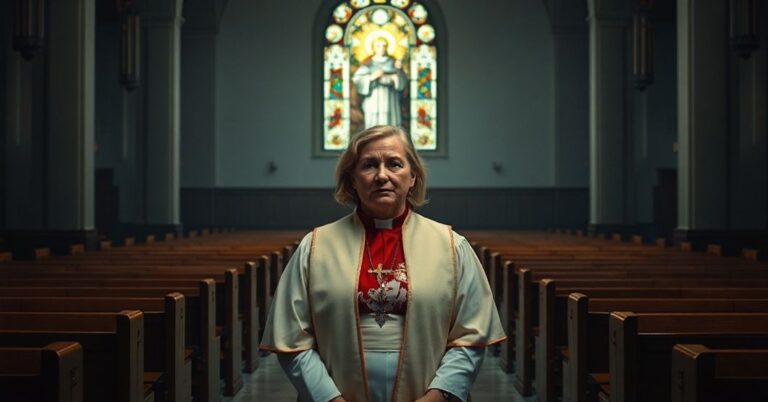 Człowiek w niegodziwych szatach biskupich stojący w nowoczesnym kościele anglikańskim