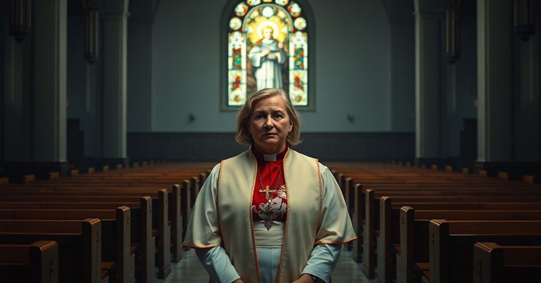 Człowiek w niegodziwych szatach biskupich stojący w nowoczesnym kościele anglikańskim