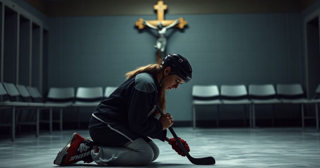 Kobieta w stroju hokejowym modli się przed krucyfiksem w ciemnej szatni