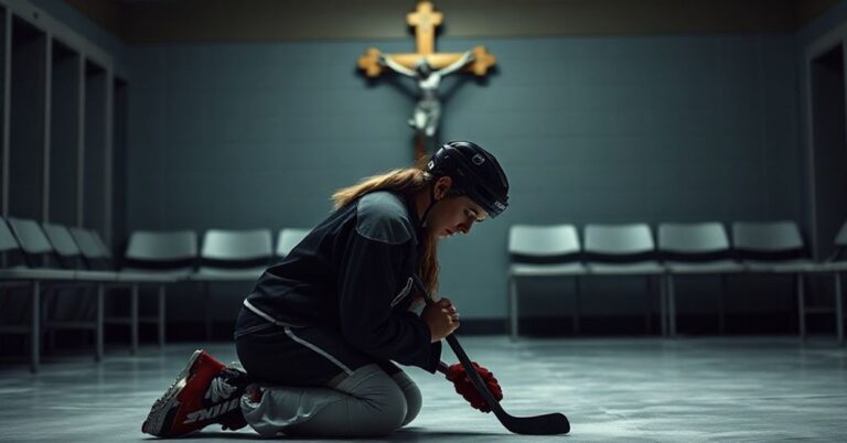 Kobieta w stroju hokejowym modli się przed krucyfiksem w ciemnej szatni