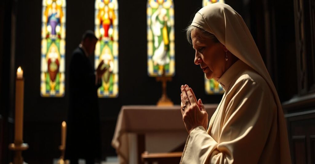 Kobieta katolicka modli się przed Monstrancją, symbolizując konflikt między prawdziwą kobiecością a nowym feminizmem znieważającym tradycję