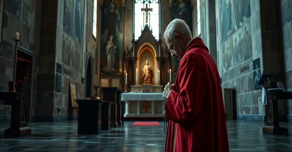 Kobieta w tradycyjnych szatach religijnych klęczy przed pustym tabernakulum w opuszczonym kościele, otoczona światełkami i zepsutymi freskami.