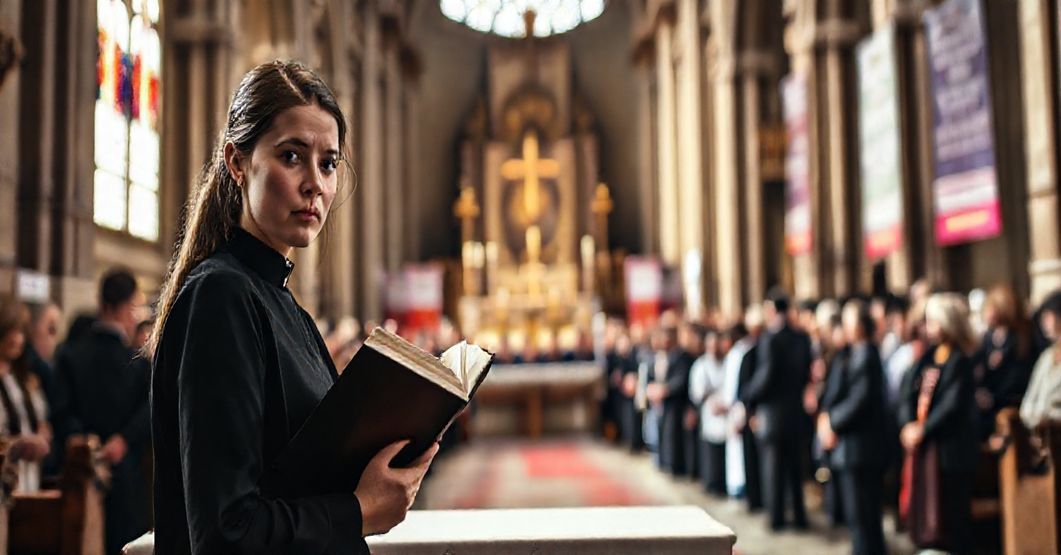 Młoda kobieta w tradycyjnym kościele katolickim, trzymająca lektorat u ołtarza w szafie posoborowej, otoczona przez tłum nowoczesnych wiernych, ilustrująca kryzys liturgiczny.