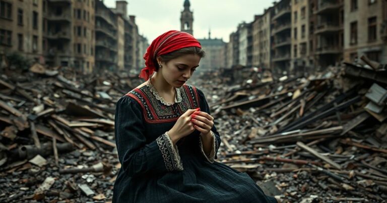 Młoda kobieta malująca paznokcie w ruinach powojennej Warszawy, symbolizującą próby redukcji ludzkiej natury do biologii i krytykującą modernistyczny relatywizm.