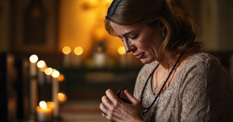 Kobieta modląca się z różańcem w tradycyjnym kościele, symbolizująca emocjonalizm zamiast doktryny katolickiej.