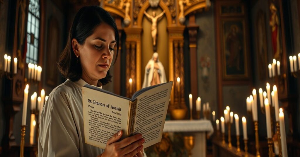 Kobieta modli się w tradycyjnym kościele katolickim podczas Wielkiego Tygodnia, otoczona świecami i krzyżami; brak Najświętszego Sakramentu na ołtarzu.