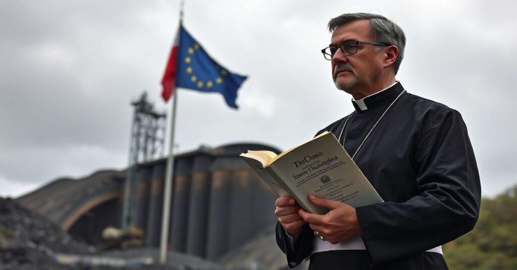 Kobieta modli się przed kopalnią węgla brunatnego w Turowie, symbolizując konflikt między prawem boskim a dyktatem UE