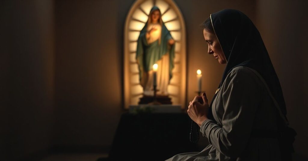 Kobieta modli się przed figurą Niepokalanego Serca Maryi w tradycyjnym kościele.