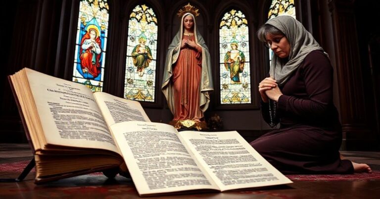 Kobieta modli się przed statuą Matki Bożej z tradycyjnymi tytułami 'Współodkupicielka' i 'Pośredniczka wszystkich łask', z porzuconym dokumentem 'Mater Populi Fidelis' u jej stóp.