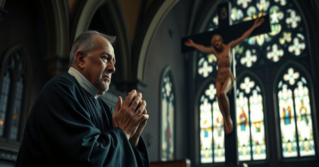 Kobieta w tradycyjnym stroju katolickim modli się u stóp krzyża w ciemnym wnętrzu kościoła