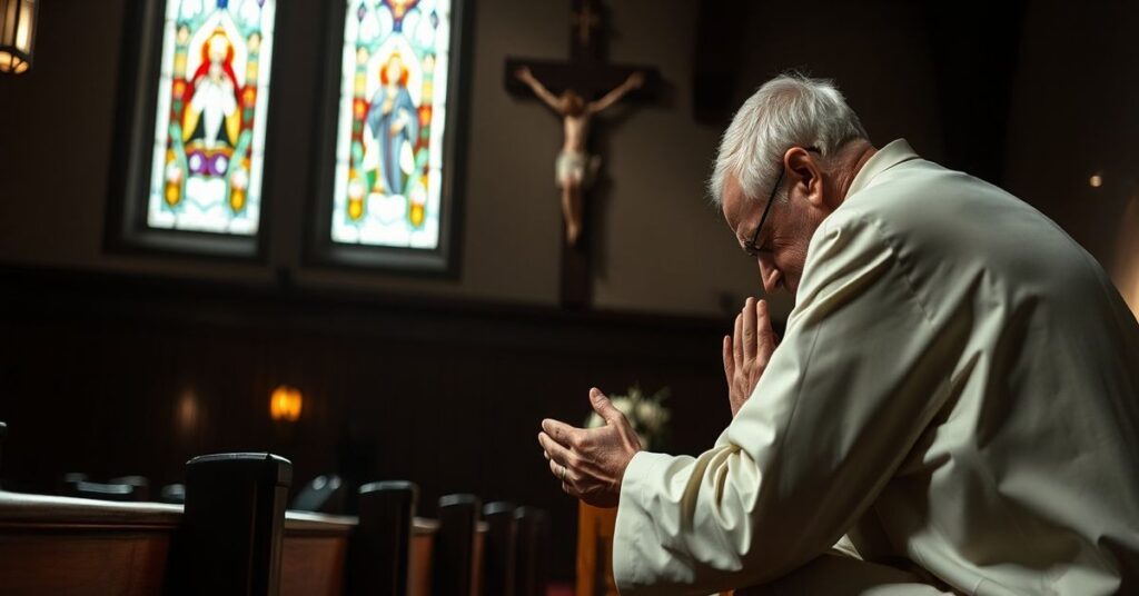Kobieta modli się w tradycyjnym kościele, refleksja nad grzechami i potrzebą pokuty.