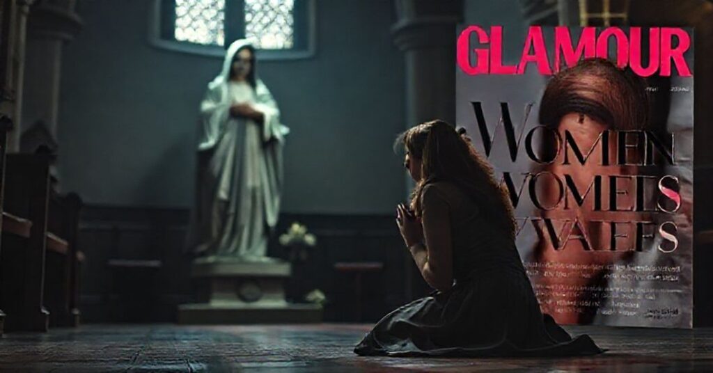 Młoda kobieta modli się przed statuą Matki Boskiej w kościele, wyrażając smutek z powodu nagrody przyznanej mężczyznom przez Glamour UK.