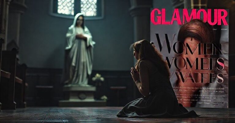 Młoda kobieta modli się przed statuą Matki Boskiej w kościele, wyrażając smutek z powodu nagrody przyznanej mężczyznom przez Glamour UK.