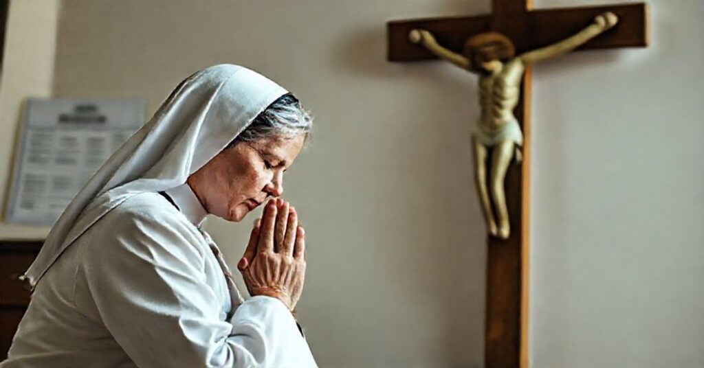 Kobieta modli się przed krucyfiksem, symbolizując potrzebę nawrócenia i pokuty za aborcję.