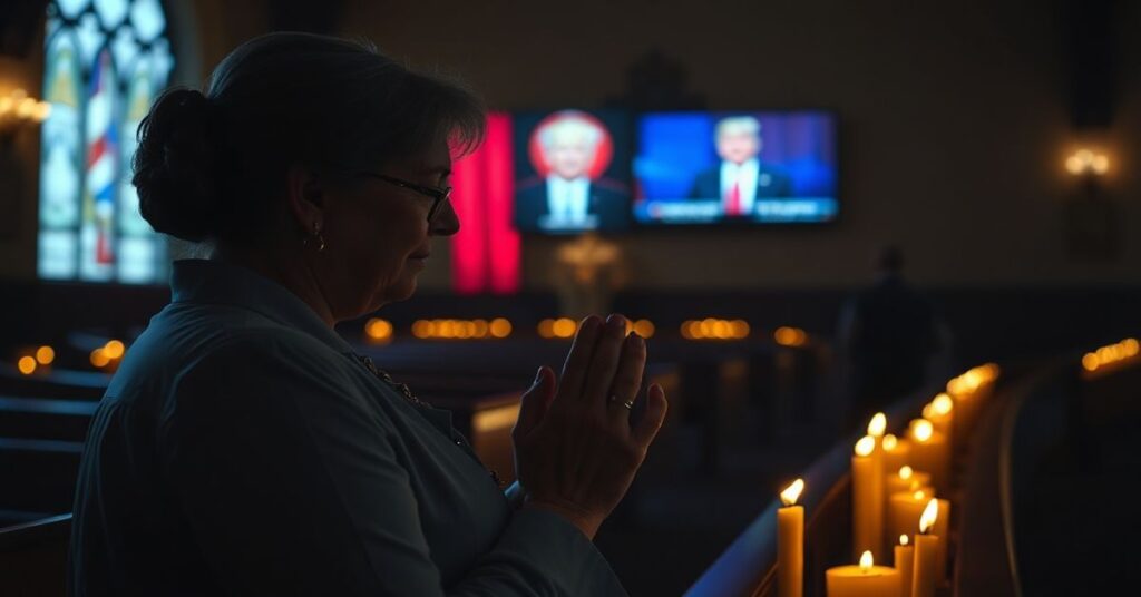 Kobieta modląca się w tradycyjnym kościele z telewizorem z Trumpem w tle