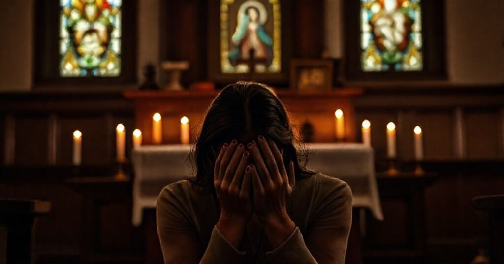 Kobieta modlącą się przed ołtarzem katolickim z wyrazem żalu po aborcji