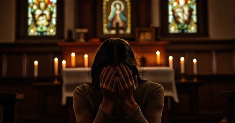 Kobieta modlącą się przed ołtarzem katolickim z wyrazem żalu po aborcji