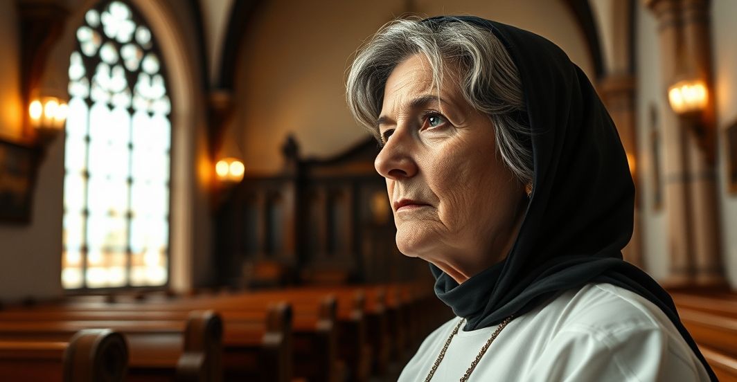 Dojrzała kobieta w tradycyjnym katolickim kościele, modląca się z powagą i pokorą, odzwierciedlająca katolickie wartości i respekt dla natury ludzkiej.