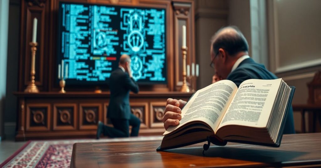 Kobieta modli się przed ołtarzem z encykliką Piusa XI podczas chaosu KSeF