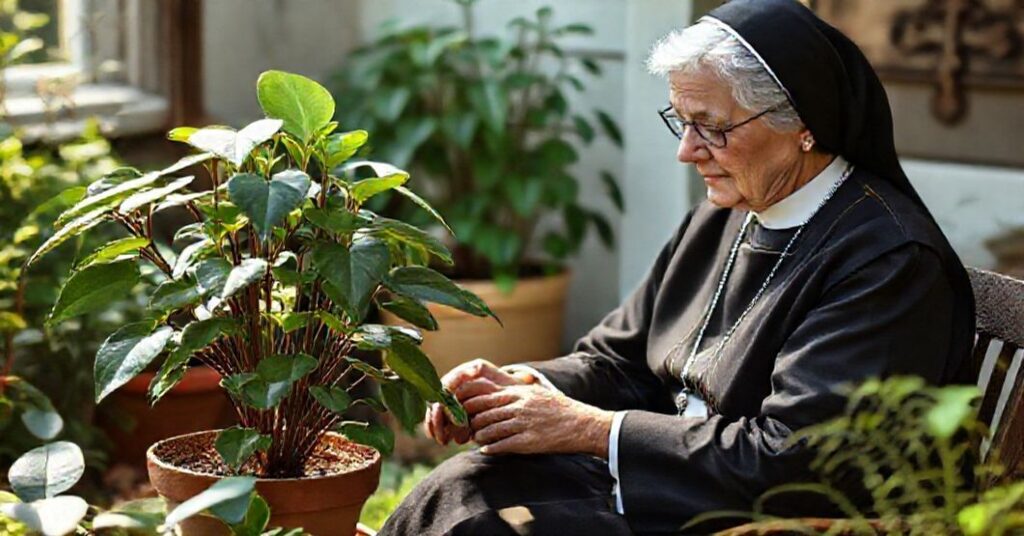 Kobieta w tradycyjnym ubraniu pielęgnuje roślinę w pokoju bez symboli religijnych