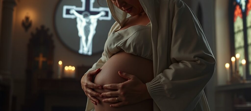 Kobieta w ciąży w bólu trzymająca brzuch w tradycyjnym katolickim stroju przed krzyżem w kościele
