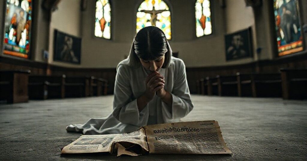 Kobieta modląca się w tradycyjnym stroju katolickim w ciemnym kościele z rozrzuconym wokło scenariuszem filmu "Kobieta w kapeluszu", symbolizując odrzucenie sekularyzmu na rzecz duchowości.