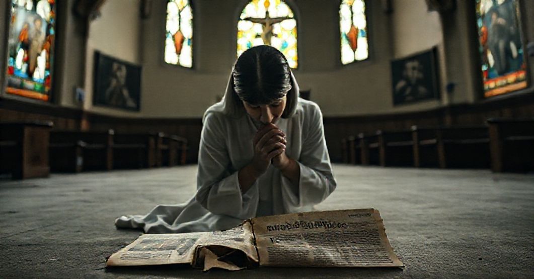 Duchowość zamiast humanizmu: Kobieta w kapeluszu Kobieta modląca się w tradycyjnym stroju katolickim w ciemnym kościele z rozrzuconym wokło scenariuszem filmu "Kobieta w kapeluszu", symbolizując odrzucenie sekularyzmu na rzecz duchowości.