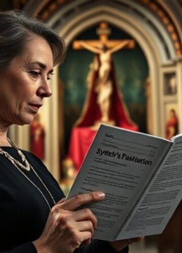 Apostazja w katedrze św. Patryka pod synodalną agendą Portret tradycyjnej katolickiej kobiety Elizabeth Yore trzymającej korumpowany raport synodalny w kaplicy przy krzyżu z widokiem profanowanej katedry św. Patryka z symbolami LGBTQ