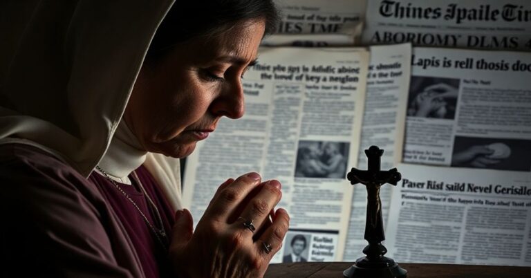 Kobieta w modlitwie przed krzyżem na tle dokumentów medycznych i nagłówków dotyczących kryzysu aborcji farmakologicznej w Anglii. Scena symbolizuje moralny upadek i duchową tragedię aborcji.