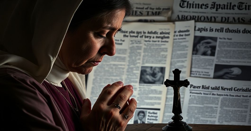 Kobieta w modlitwie przed krzyżem na tle dokumentów medycznych i nagłówków dotyczących kryzysu aborcji farmakologicznej w Anglii. Scena symbolizuje moralny upadek i duchową tragedię aborcji.