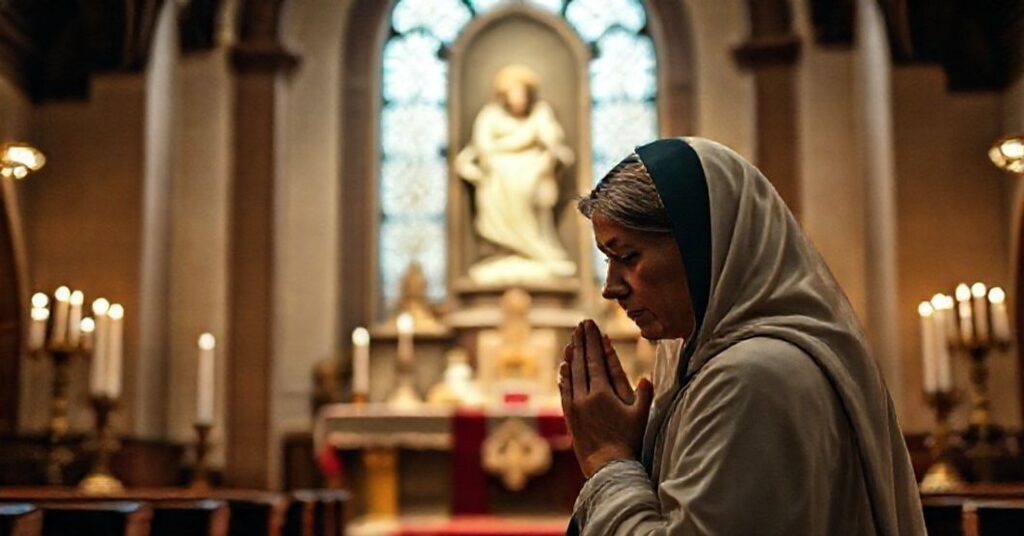 Kobieta w modlitwie w tradycyjnym kościele katolickim przed posągiem Dziecięcego Jezusa z Pragi.