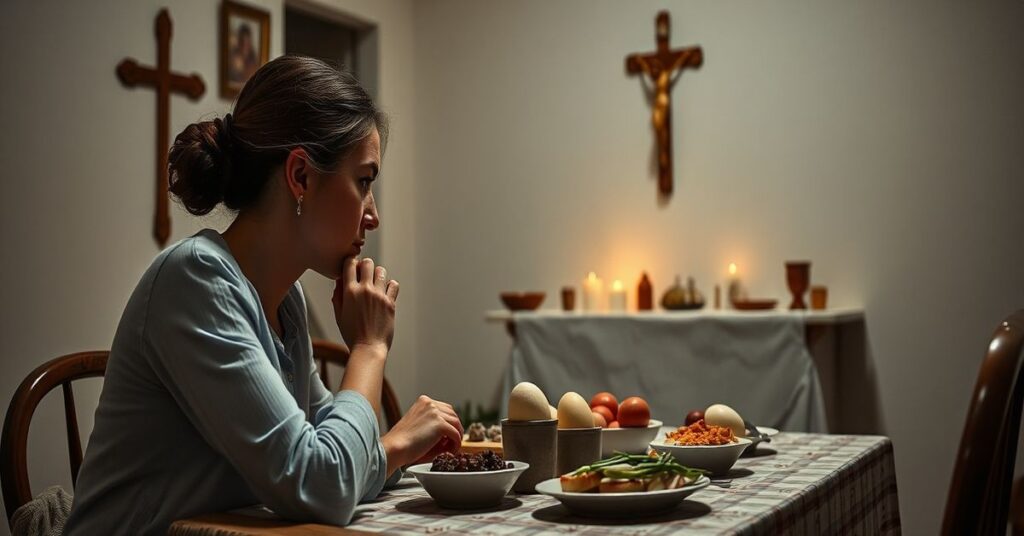 Pokojna kobieta w tradycyjnym polskim wnętrzu domowym z wielkanocnymi potrawami na stole