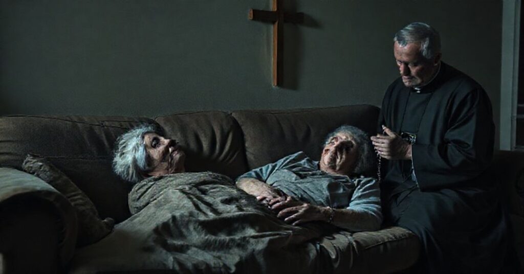 Przykładowy obraz przedstawiający Jolene Van Alstine w pokoju z kapłanem siedzącym obok niej i modlą się z różańcem.