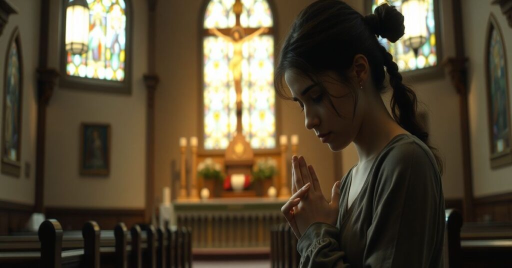 Kobieta w Kościele modli się z rozterką moralną przed Krzyżem