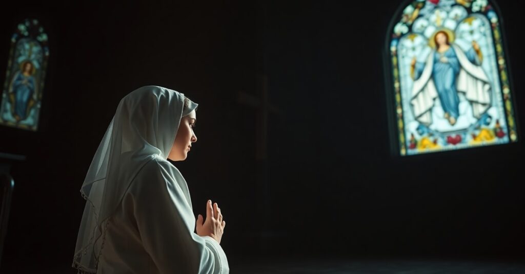 Kobieta w tradycyjnym habitcie modli się przed krzyżem w kaplicy z witrażami przedstawiającymi Niepokalane Serce Maryi, podczas gdy w tle widoczna jest niepokojąca interakcja sztucznej inteligencji.