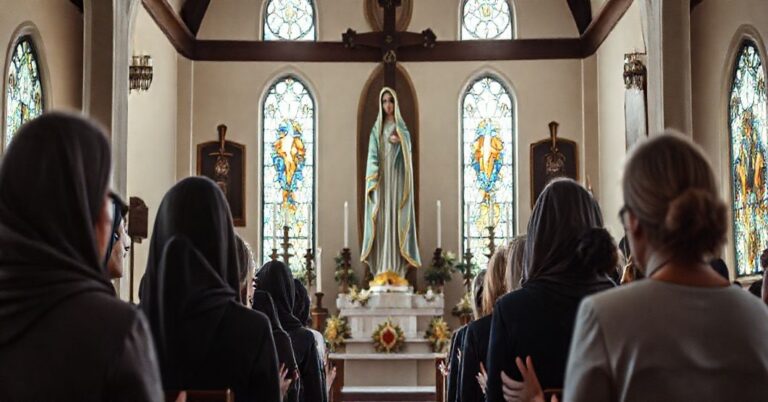 Grupa kobiet modlących się w tradycyjnym kościele katolickim przed figurą Matki Boskiej, w atmosferze głębokiej religijnej kontemplacji.