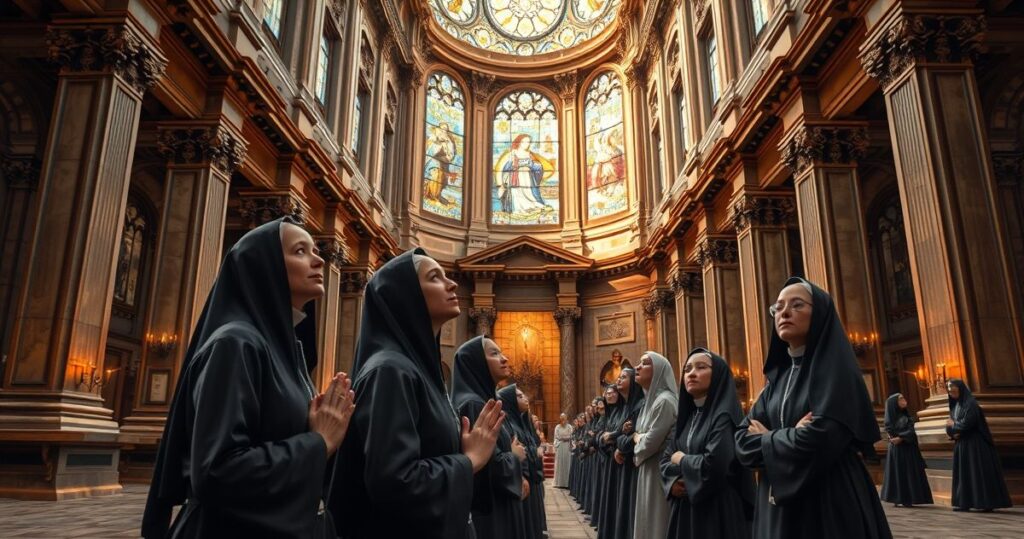 Catholic women modlitwa w tradycyjnym kościele, wyraz pobożności i czci dla prawdziwej wiary katolickiej, krytyka modernistycznych odchyleń