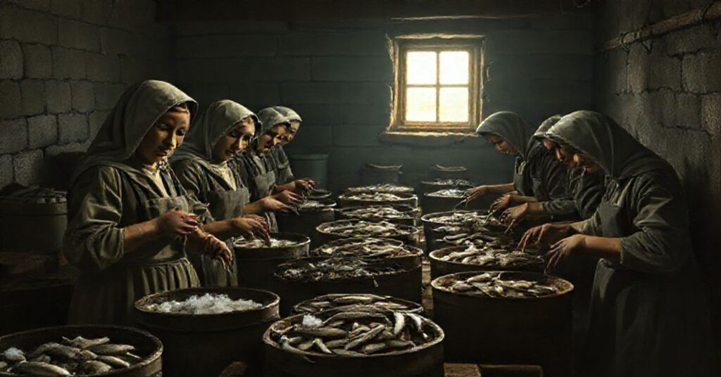 Pracujące kobiety w fabryce konserw rybnych z wyrazami zmęczenia i braku radości