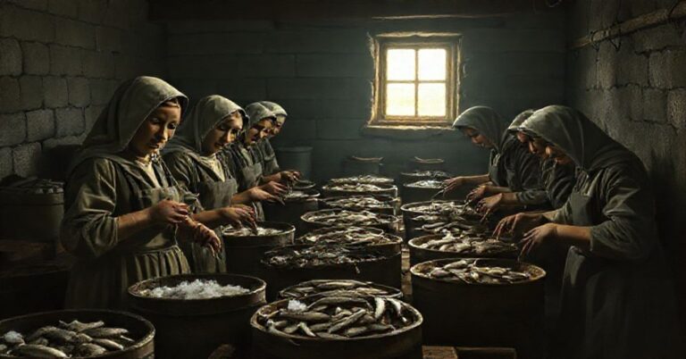 Pracujące kobiety w fabryce konserw rybnych z wyrazami zmęczenia i braku radości